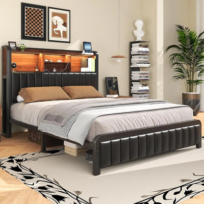 Full Bed, 54.3" Tall 3-Tier Storage Headboard, PU Leather, Metal Platform Frame, LED Lights, Charging Station