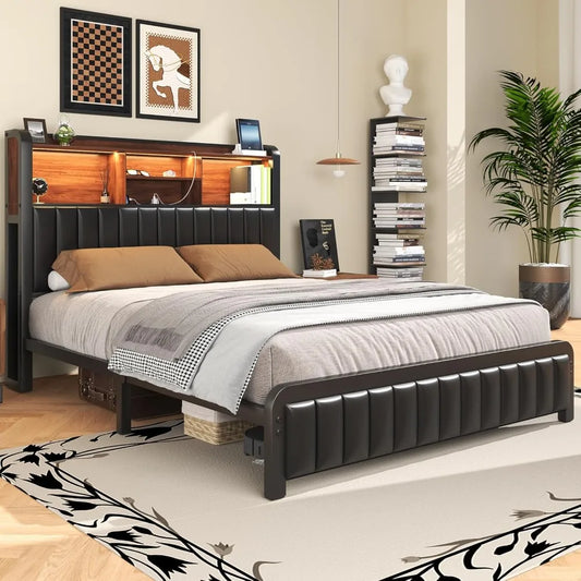 Full Bed, 54.3" Tall 3-Tier Storage Headboard, PU Leather, Metal Platform Frame, LED Lights, Charging Station