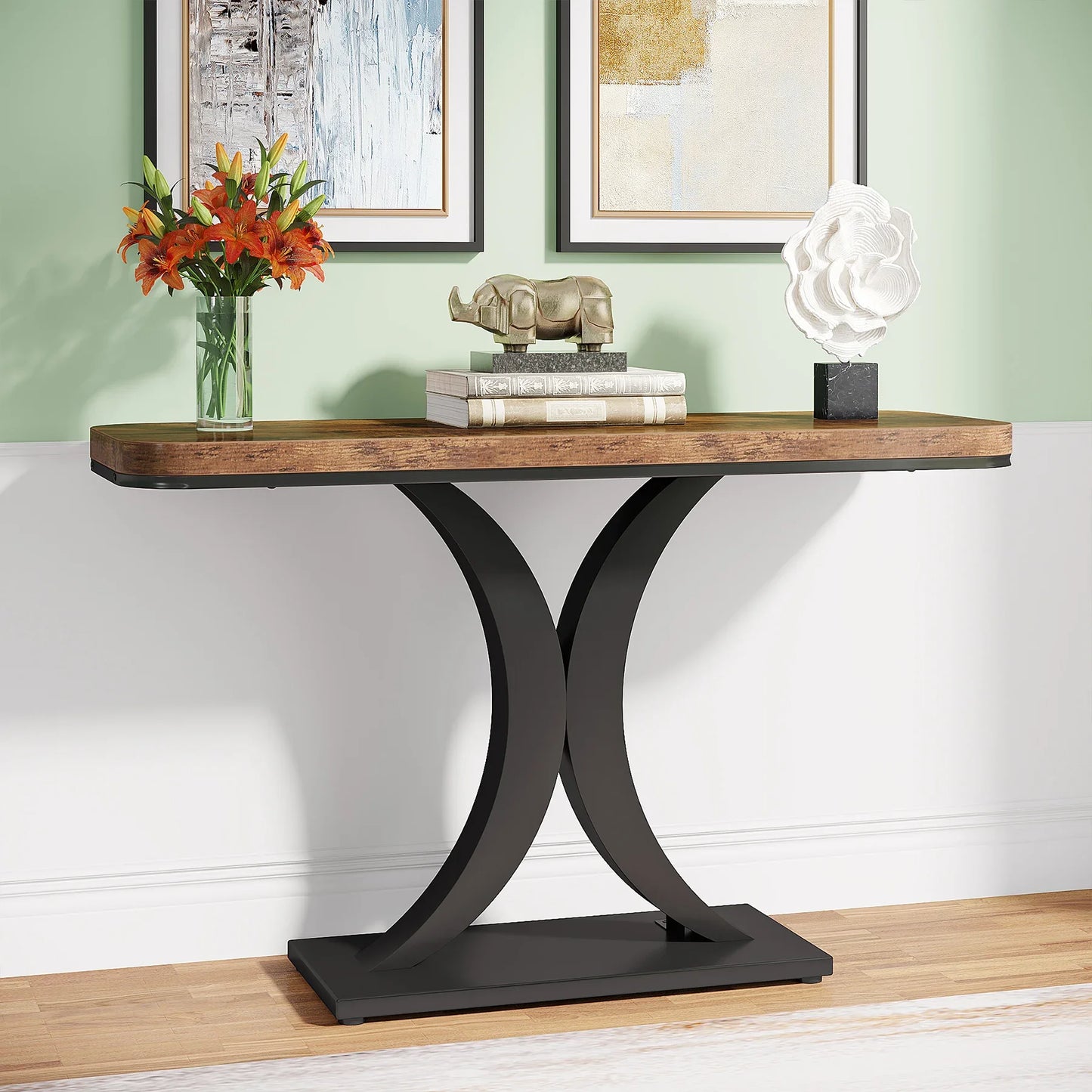 Entryway Table, 40", Narrow, Geometric Base, Rustic