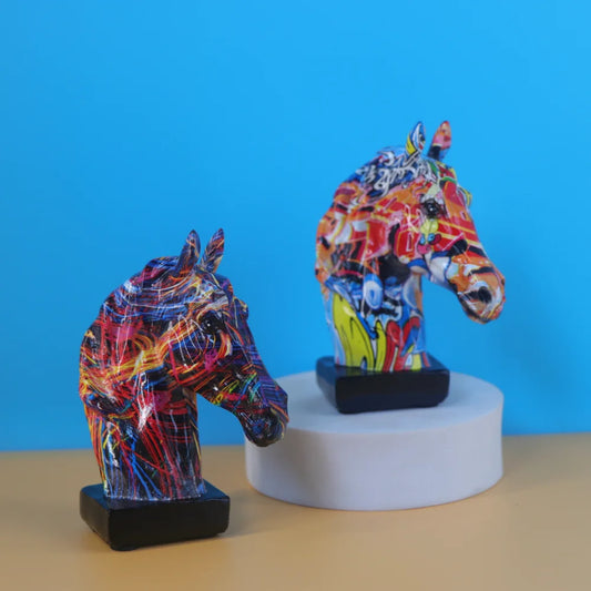 Colorful Horse Head Statue, Resin, Collectible Ornament, Graffiti Art