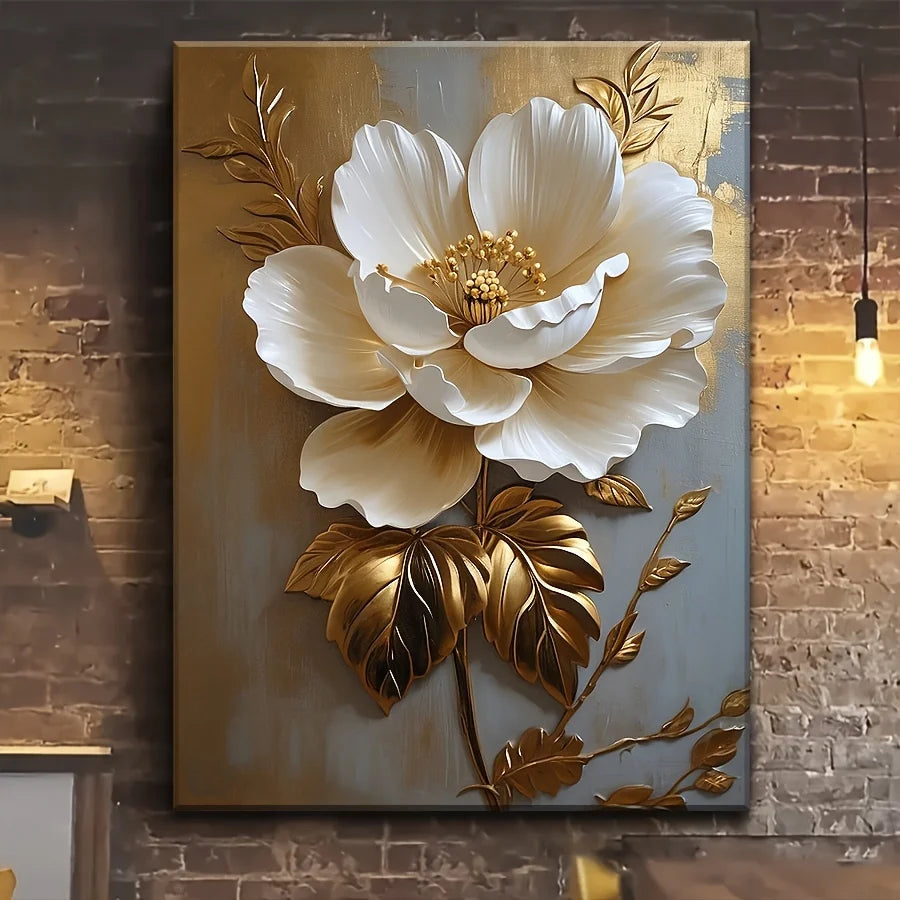 Elegant White Gold Flower Canvas Art