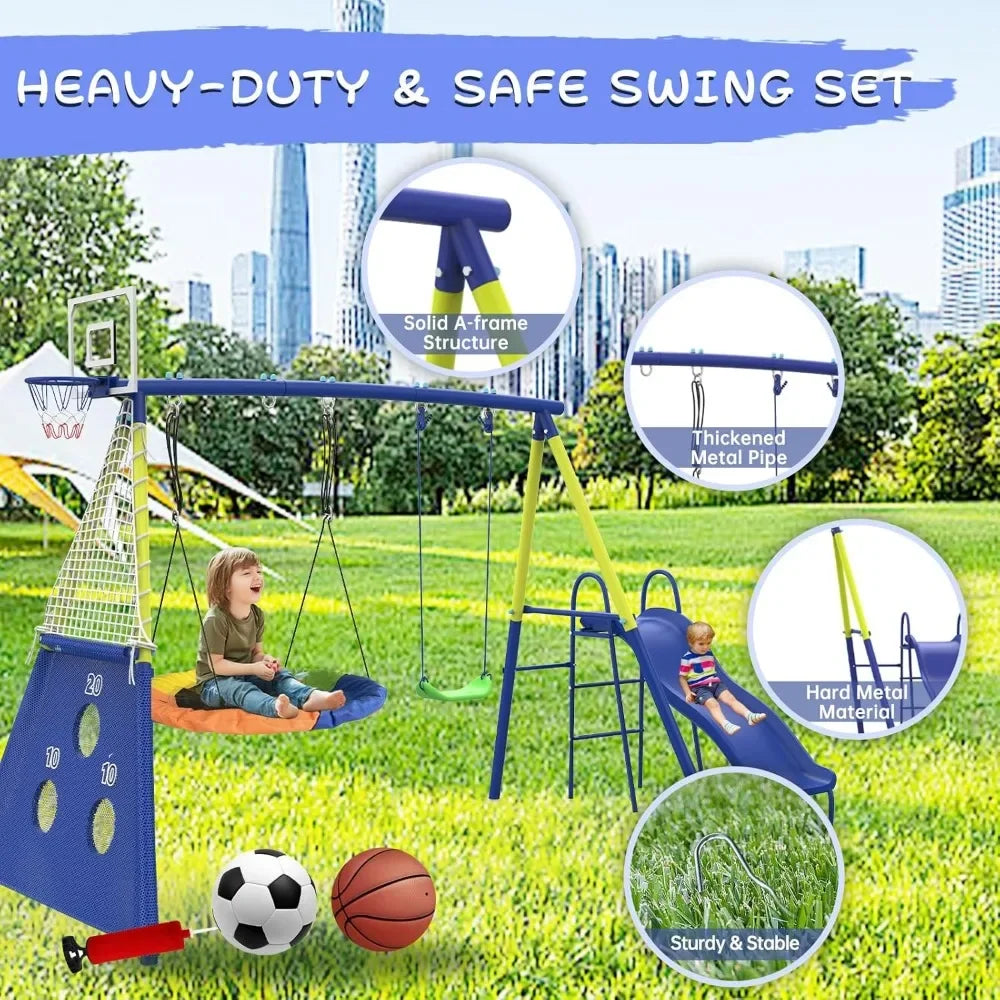 Swing Set, Slide, Heavy-Duty Metal, Basketball Hoop Plus More