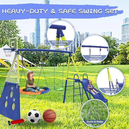 Swing Set, Slide, Heavy-Duty Metal, Basketball Hoop Plus More