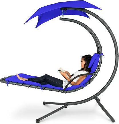 Outdoor Hanging Curved Steel Lounge Chair, Swing, Built-in Pillow, Removable Canopy, 14 Colors