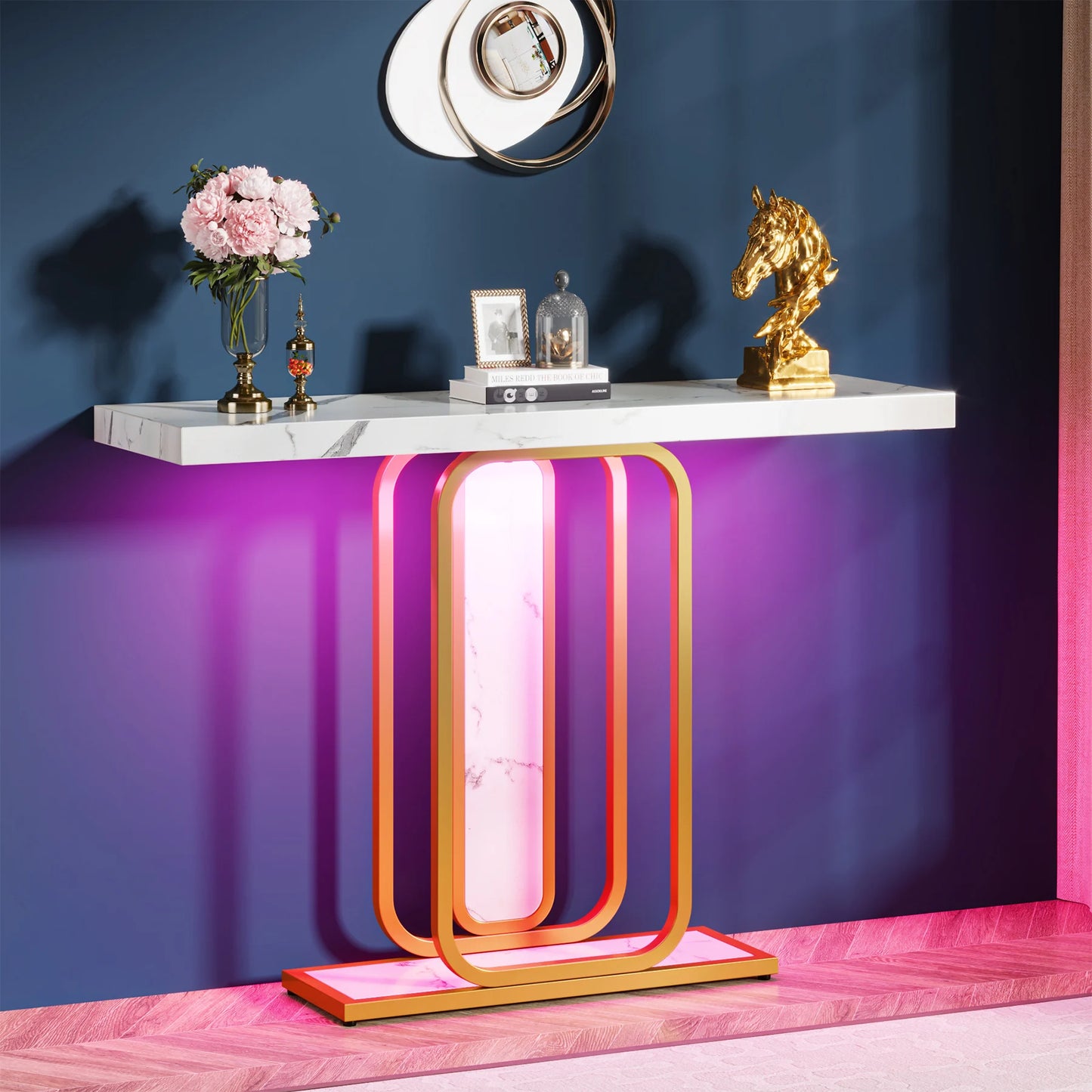 Gold White Entryway Table, LED Lights, Faux Marble, Veneer