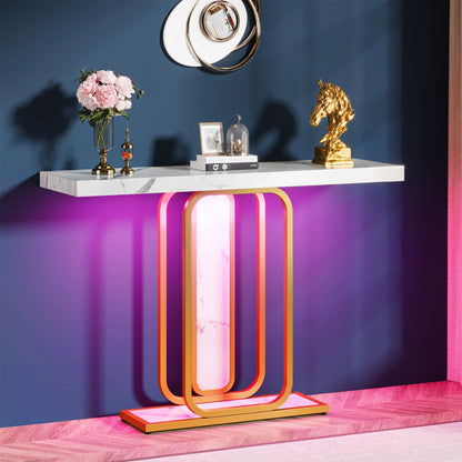 Gold White Entryway Table, LED Lights, Faux Marble, Veneer