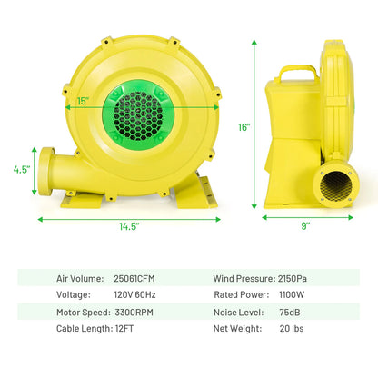 Inflatable Bounce House Blower, 1100W, 1.5HP Air Pump, Commercial Castle Slide Fan