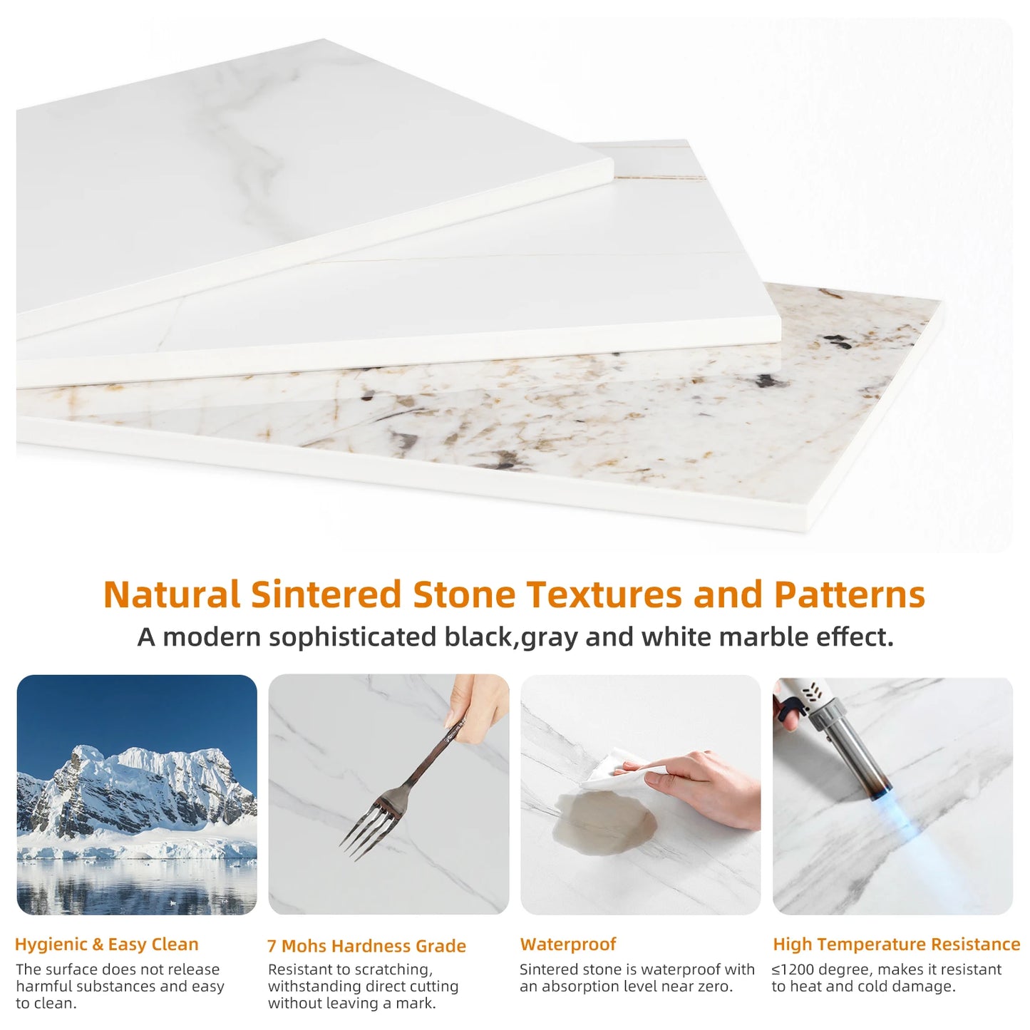 Marble Top End Table, Nightstand, Black Coated Frame