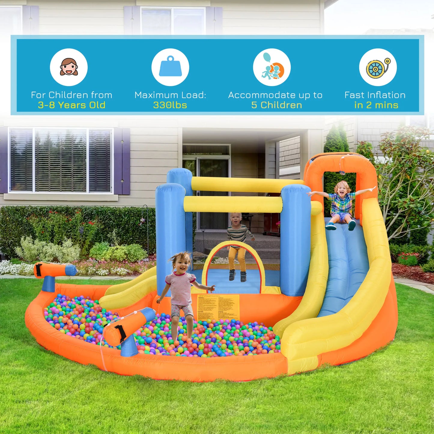 Inflatable Water Park, Trampoline, Slide, Outdoor, Sprinkler, Target Games, Water Gun, Blower