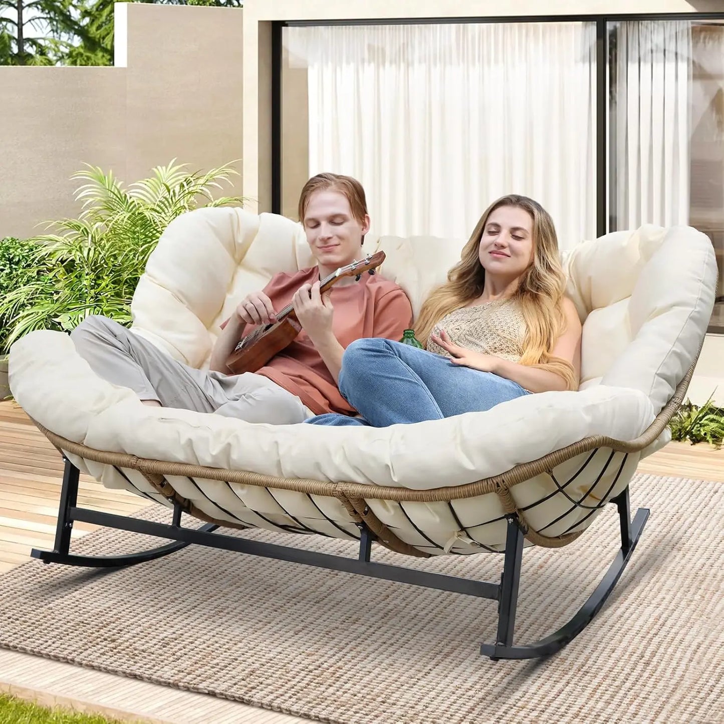 Double Rocking Loveseat, Indoor, Outdoor, Cushion, 700lbs Capacity, Ergonomic, Comfortable