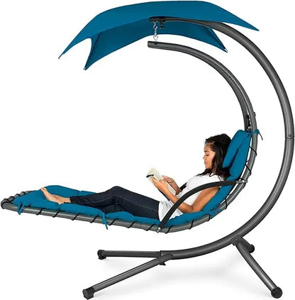 Outdoor Hanging Curved Steel Lounge Chair, Swing, Built-in Pillow, Removable Canopy, 14 Colors