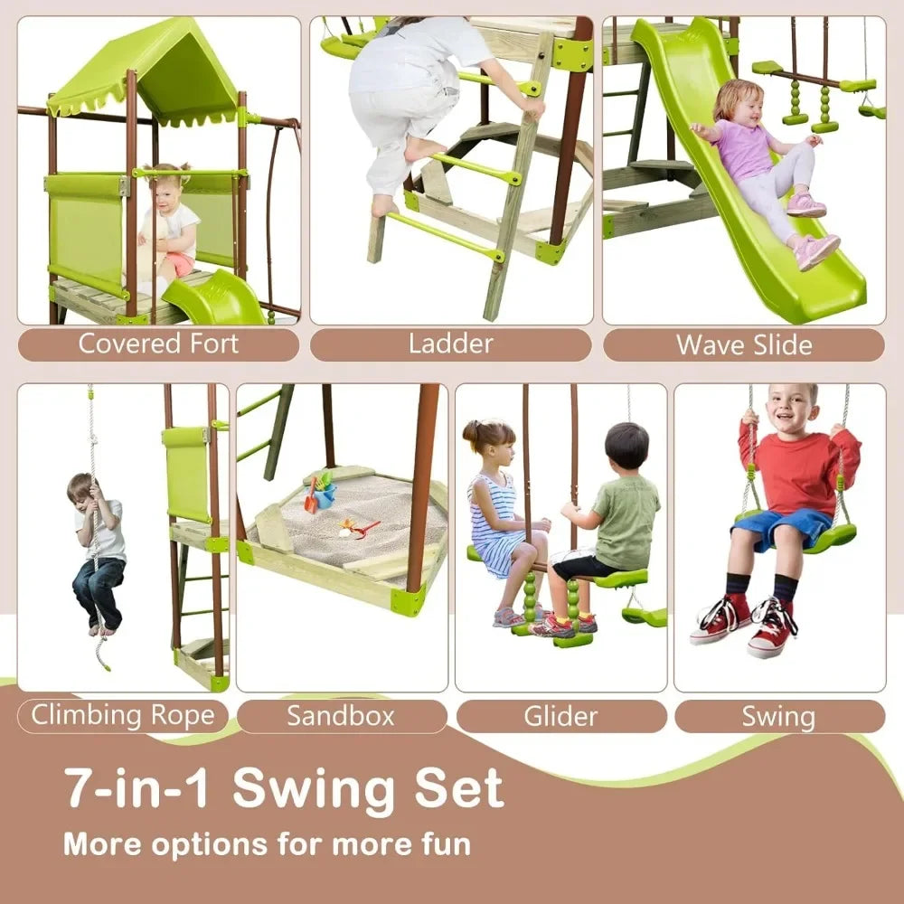 Heavy Duty Metal Swing Set, Glider, Swing, Outdoor Playset