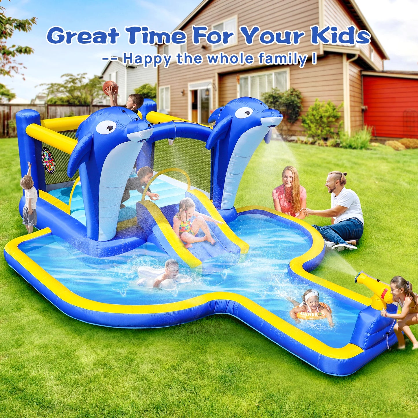 Inflatable Water Park, Trampoline, Slide, Outdoor, Sprinkler, Target Games, Water Gun, Blower