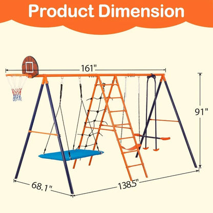 Metal Swing Set, Climbing Ladder, Trapeze Bar, Basketball Hoop plus More