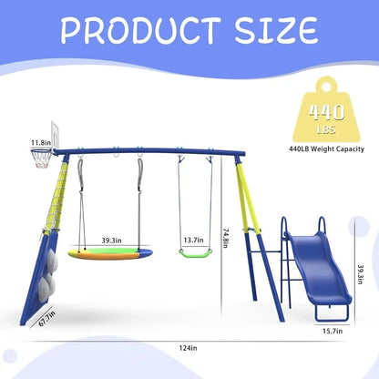 Swing Set, Slide, Heavy-Duty Metal, Basketball Hoop Plus More