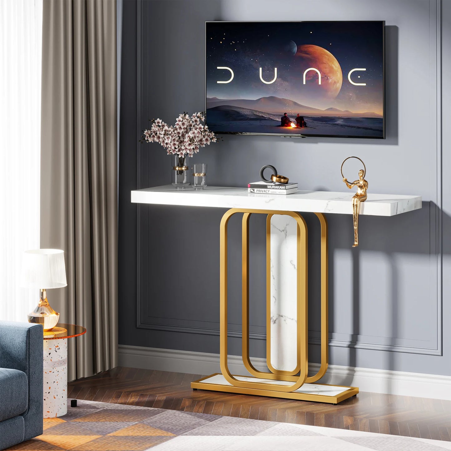 Gold White Entryway Table, LED Lights, Faux Marble, Veneer