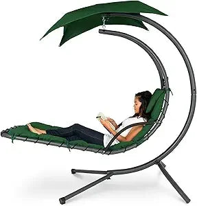 Outdoor Hanging Curved Steel Lounge Chair, Swing, Built-in Pillow, Removable Canopy, 14 Colors