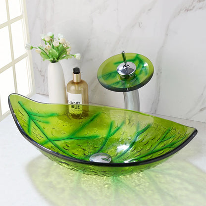 Oval Sink, Waterfall Faucet, Tempered Glass, Above Counter