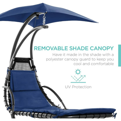 Outdoor Hanging Curved Steel Lounge Chair, Swing, Built-in Pillow, Removable Canopy, 14 Colors