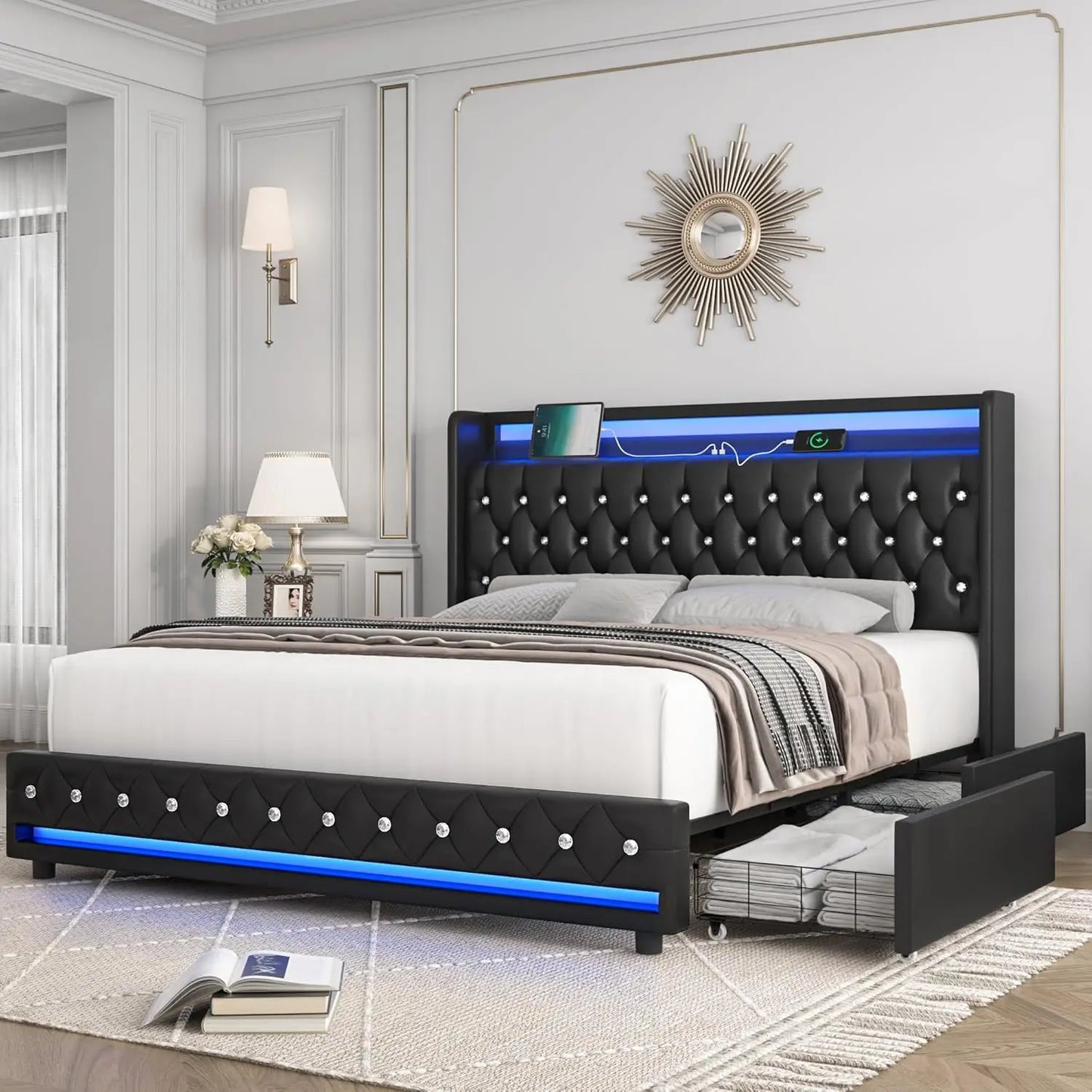 Velvet Upholstered KIng Bed, Charging Station, 4 Storage Drawers, Platform, Metal Frame
