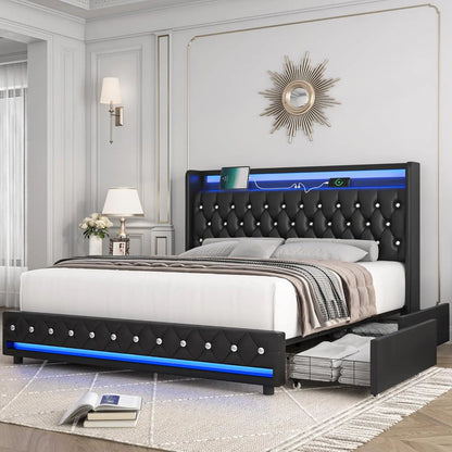 Velvet Upholstered KIng Bed, Charging Station, 4 Storage Drawers, Platform, Metal Frame