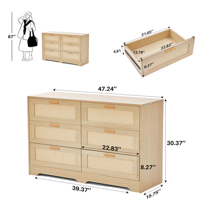 47.24" Rattan Dresser, 6 Drawers, Golden Handles