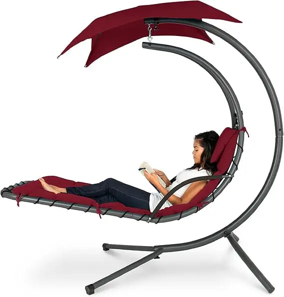 Outdoor Hanging Curved Steel Lounge Chair, Swing, Built-in Pillow, Removable Canopy, 14 Colors