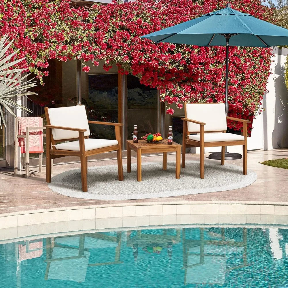 3 Piece Acacia Wood Patio Furniture, Coffee Table, & Cushions
