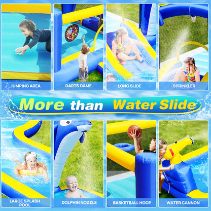 Inflatable Water Park, Trampoline, Slide, Outdoor, Sprinkler, Target Games, Water Gun, Blower