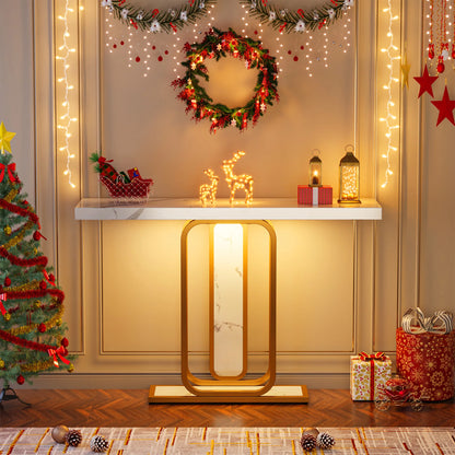 Gold White Entryway Table, LED Lights, Faux Marble, Veneer