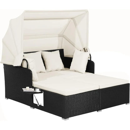 Patio Rattan Daybed, Wicker, Lounger, Retractable Canopy