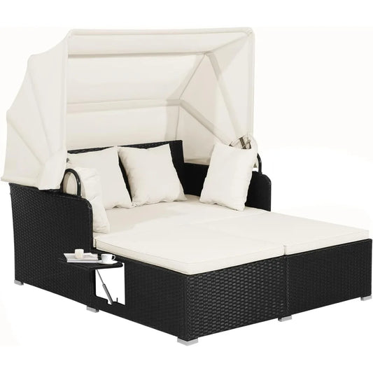 Patio Rattan Daybed, Wicker, Lounger, Retractable Canopy