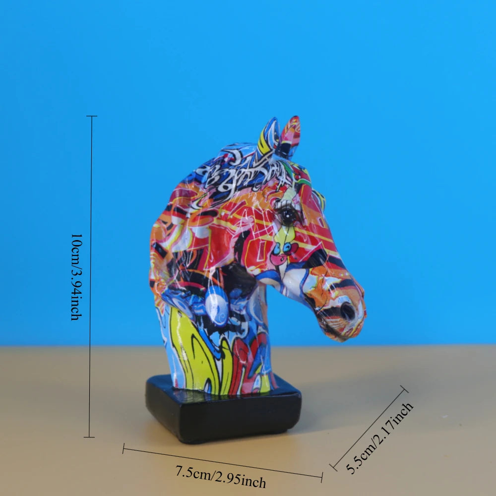 Colorful Horse Head Statue, Resin, Collectible Ornament, Graffiti Art
