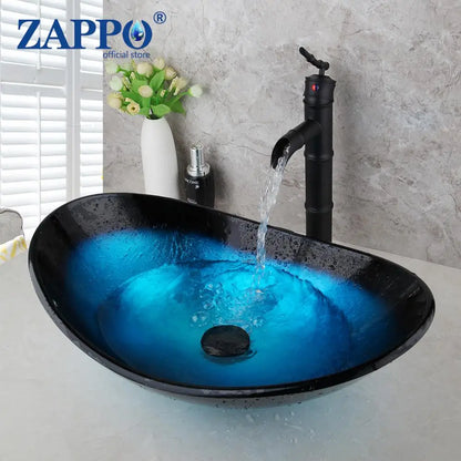 Oval Blue Tempered Glass Sink, Waterfall Black Faucet Tap, Above Counter Basin