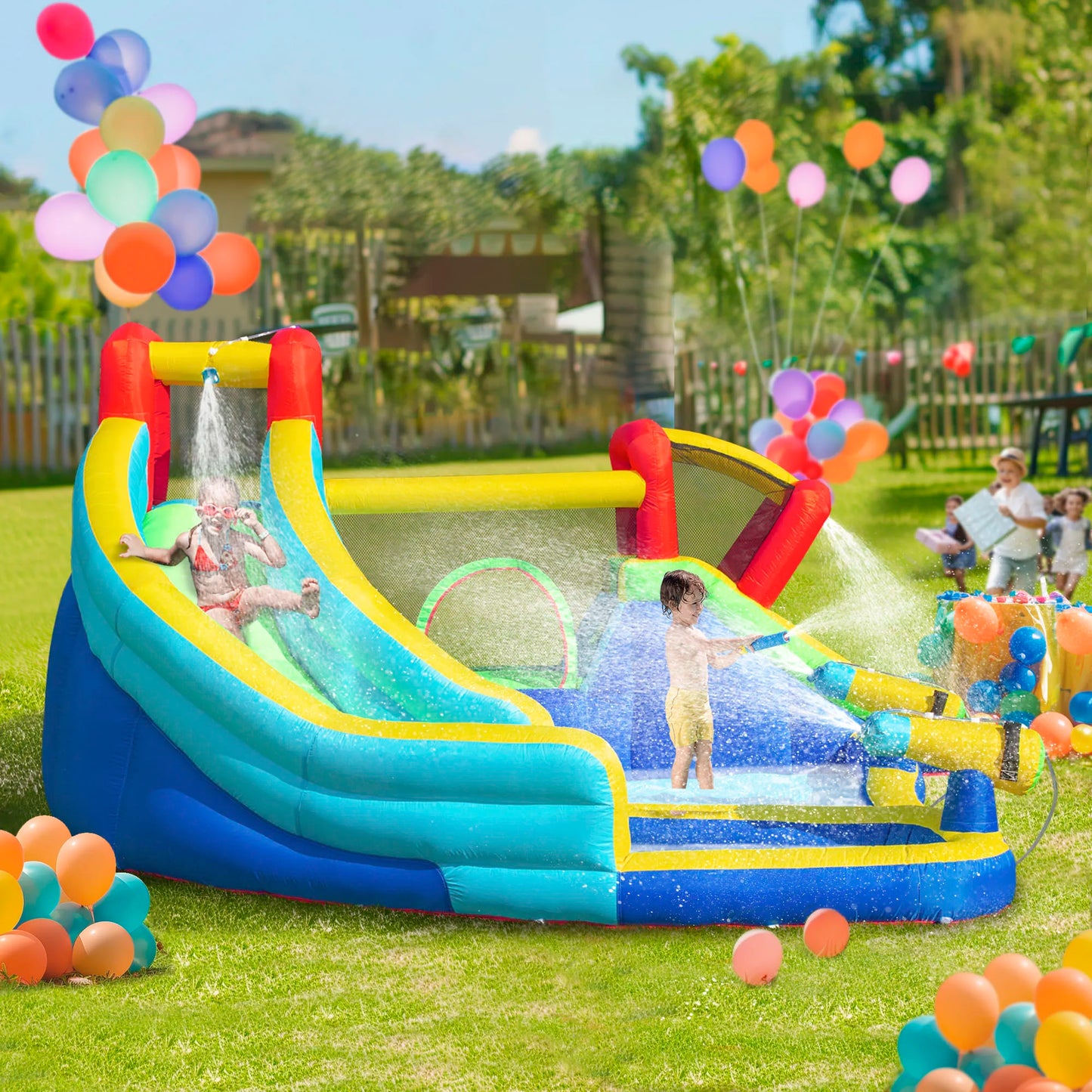 Inflatable Water Park, Trampoline, Slide, Outdoor, Sprinkler, Target Games, Water Gun, Blower