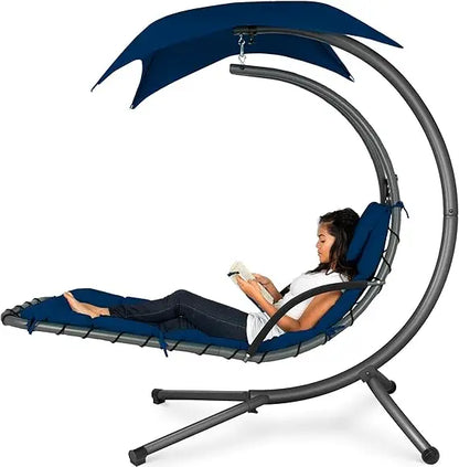 Outdoor Hanging Curved Steel Lounge Chair, Swing, Built-in Pillow, Removable Canopy, 14 Colors