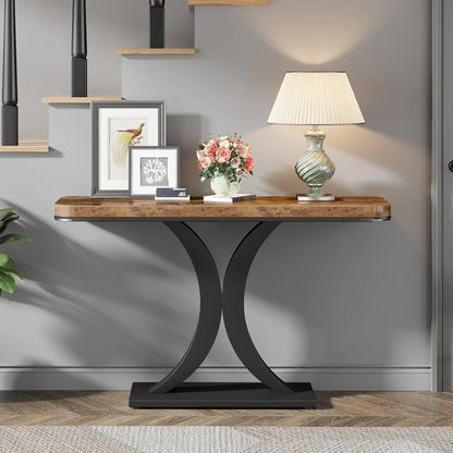 Entryway Table, 40", Narrow, Geometric Base, Rustic
