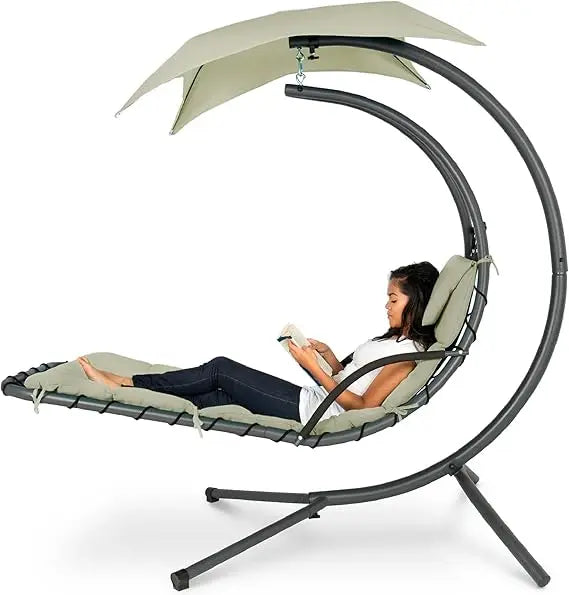 Outdoor Hanging Curved Steel Lounge Chair, Swing, Built-in Pillow, Removable Canopy, 14 Colors