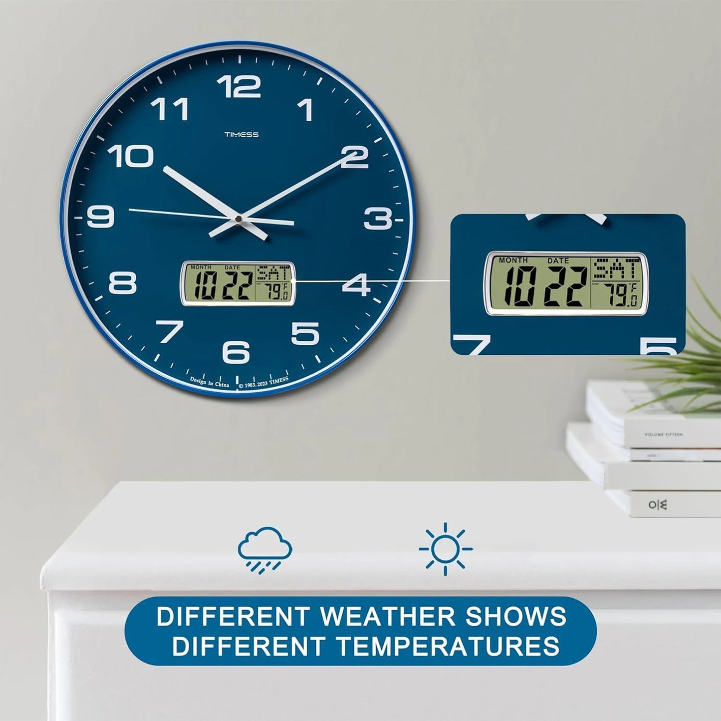 Wall Clock, 3 Sizes, 4 Colors, Fahrenheit Temperature, Battery Operated
