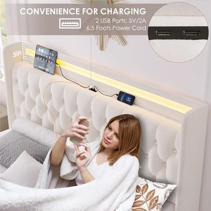 Velvet Upholstered KIng Bed, Charging Station, 4 Storage Drawers, Platform, Metal Frame