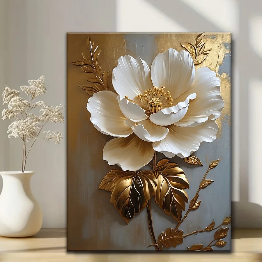 Elegant White Gold Flower Canvas Art