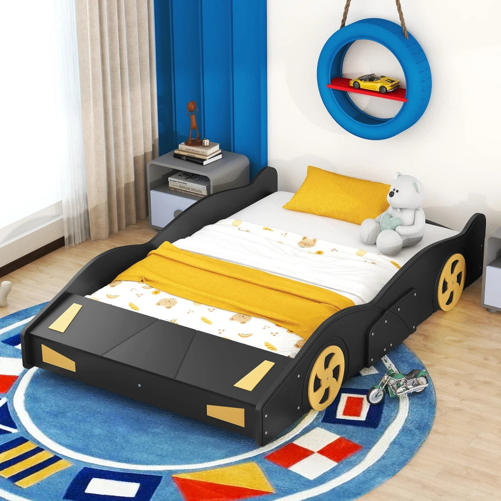 Race Car-Shaped Platform Bed, Full Size, Wheels and Storage