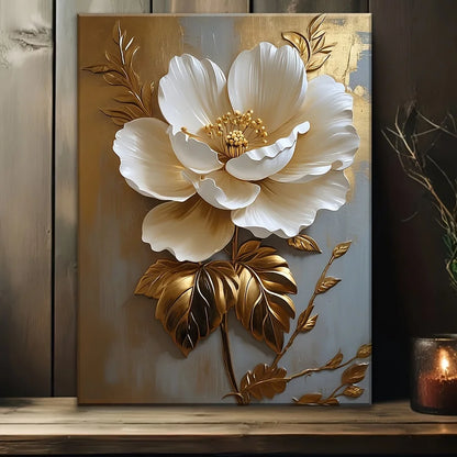 Elegant White Gold Flower Canvas Art