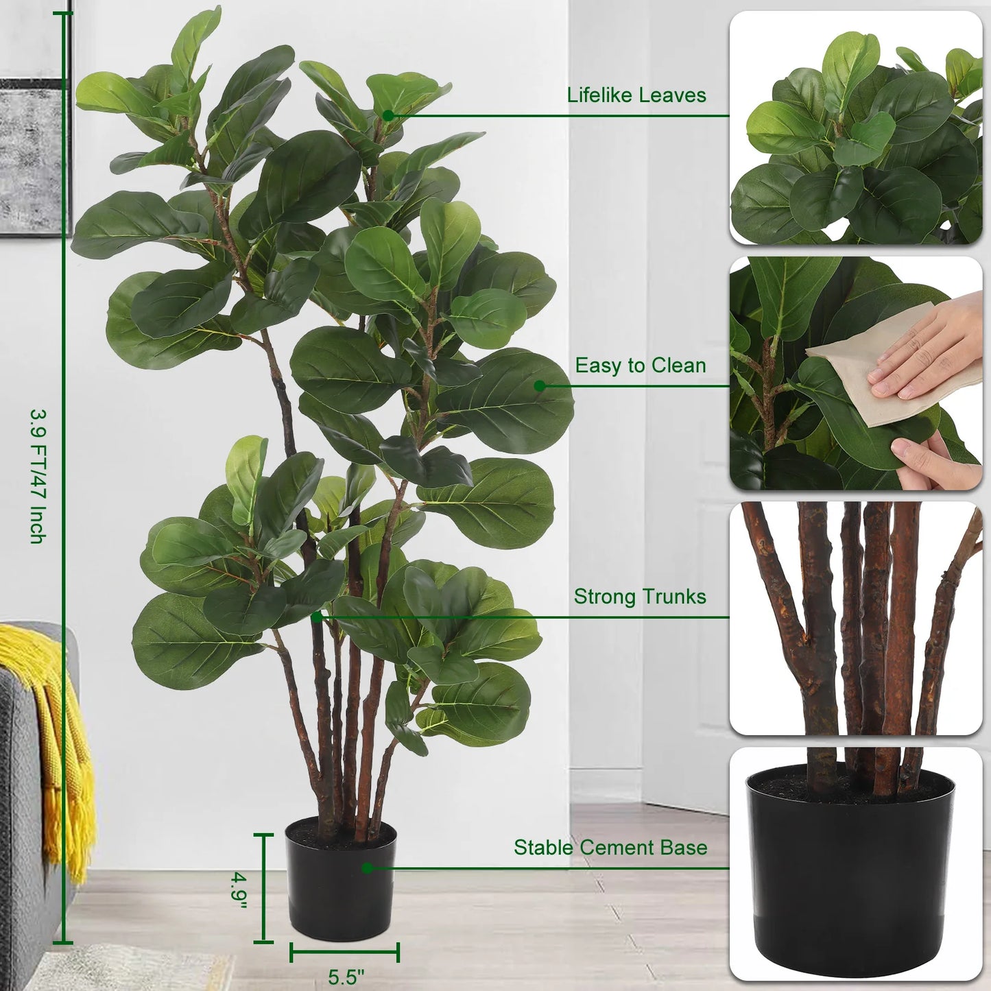 Artificial Fig Leaf Tree, 2 Different Sizes. 72 Leaves. Pot Included, Indoor ,Outdoor