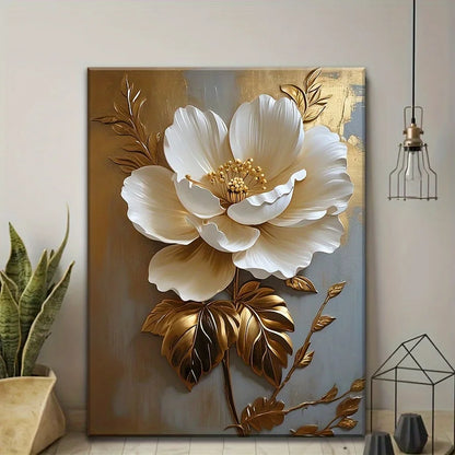 Elegant White Gold Flower Canvas Art