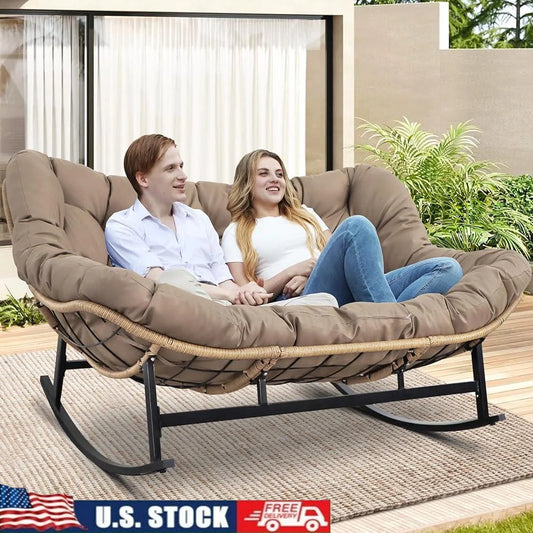 Double Rocking Loveseat, Indoor, Outdoor, Cushion, 700lbs Capacity, Ergonomic, Comfortable