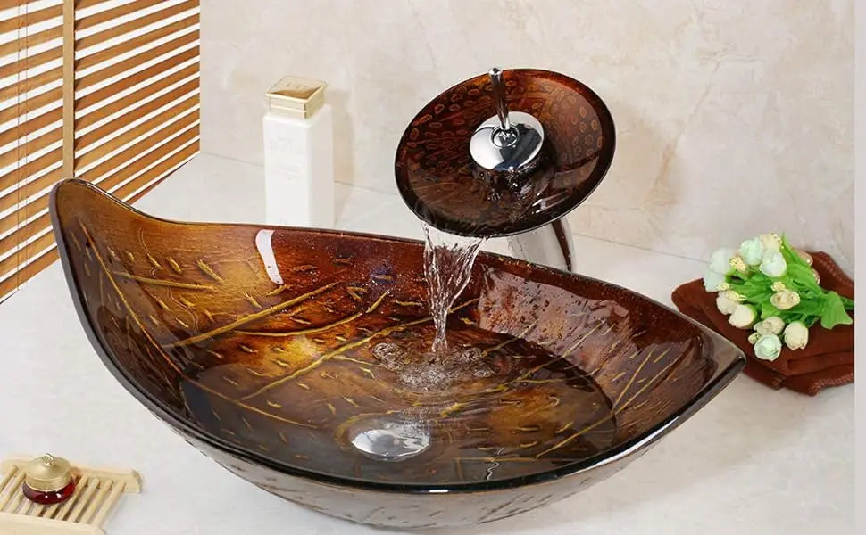 Oval Sink, Waterfall Faucet, Tempered Glass, Above Counter