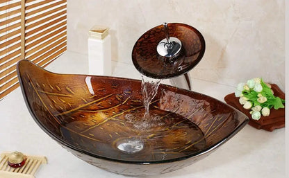 Oval Sink, Waterfall Faucet, Tempered Glass, Above Counter