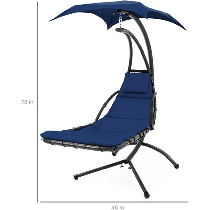 Outdoor Hanging Curved Steel Lounge Chair, Swing, Built-in Pillow, Removable Canopy, 14 Colors