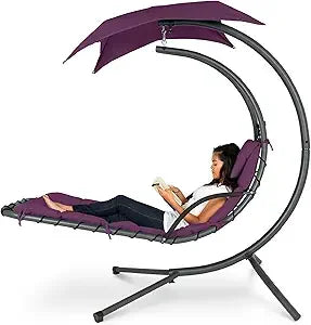 Outdoor Hanging Curved Steel Lounge Chair, Swing, Built-in Pillow, Removable Canopy, 14 Colors